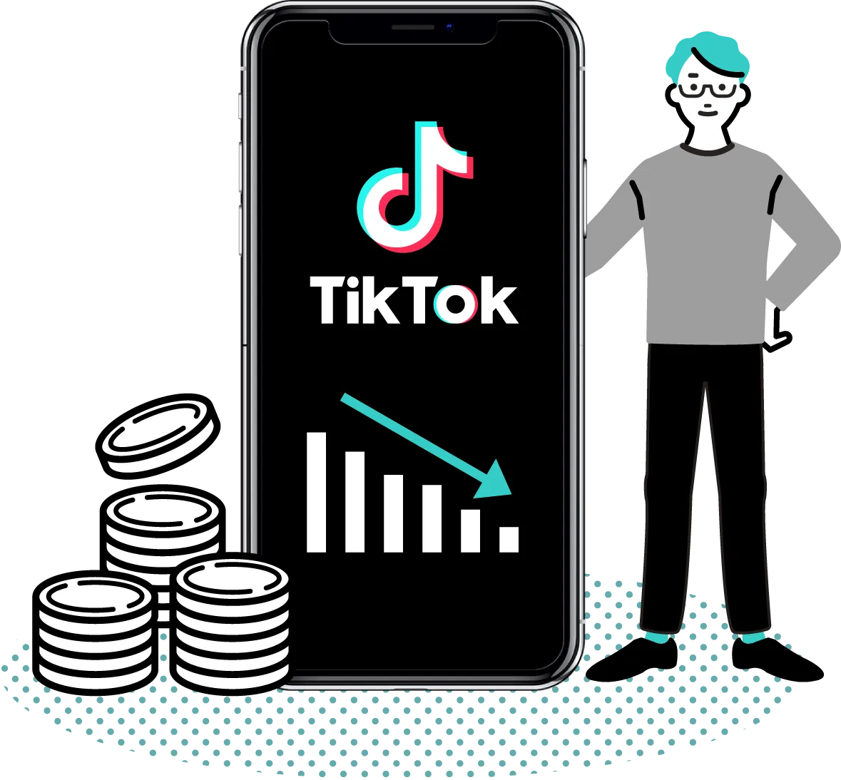 TikToアイコンと3人のイラスト